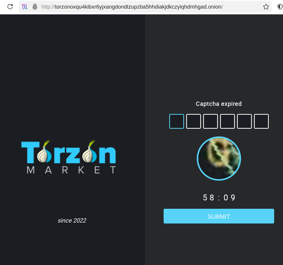 TorZon Market login captcha screen shown in the Tor Browser