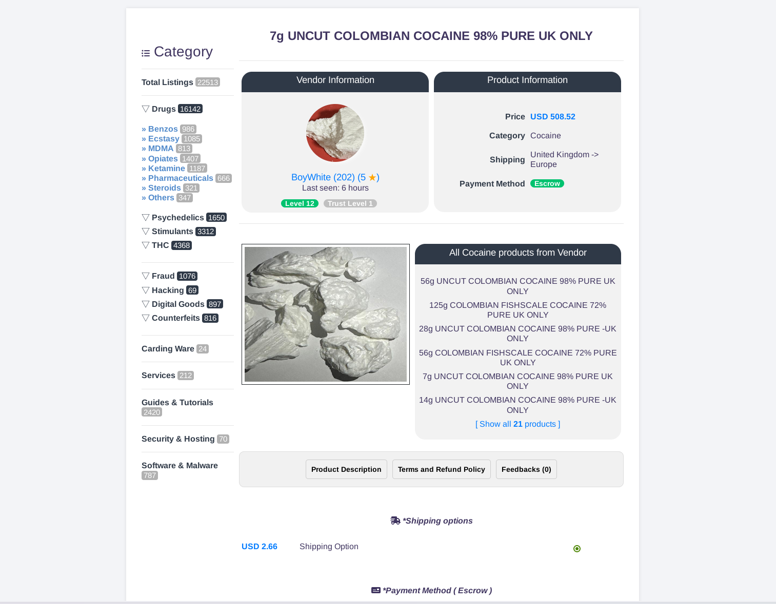 Example TorZon Market product listing page showing vendor info, price and escrow payment method